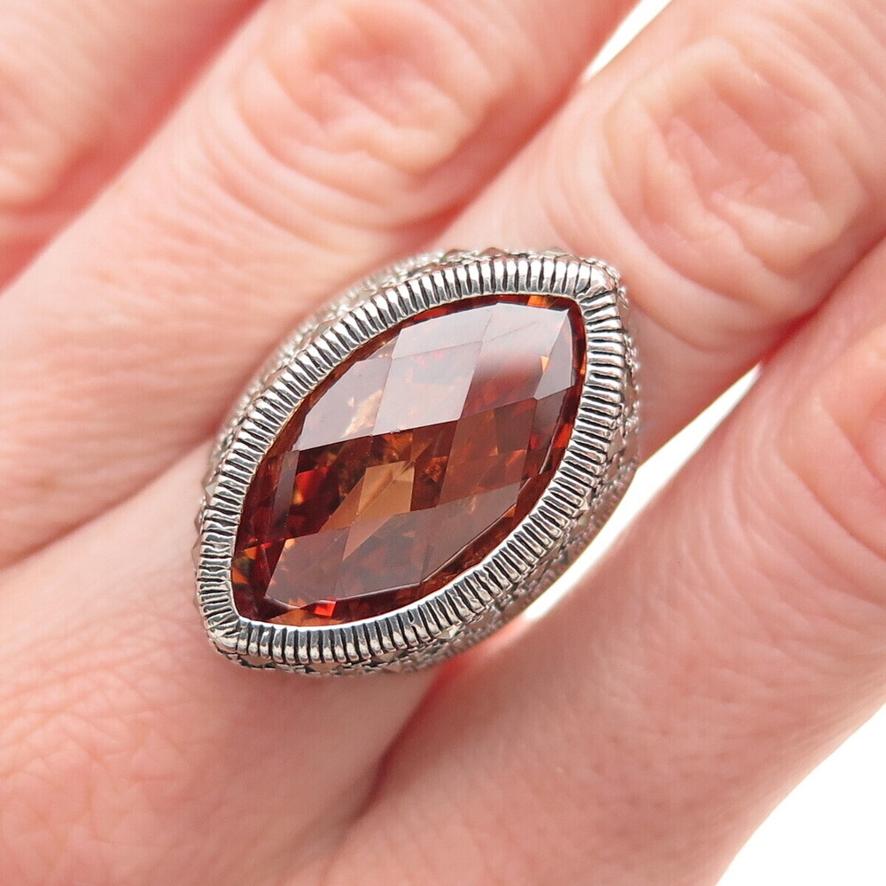 925 Sterling Silver Vintage Real Marcasite & Cognac C Z Oxidized Ring Size 6